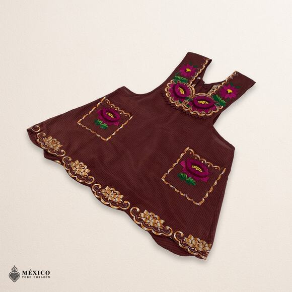 Brown Mexican Embroidered Apron – Standard Kitchen Apron Floral Embroidery - Picture 6 of 8